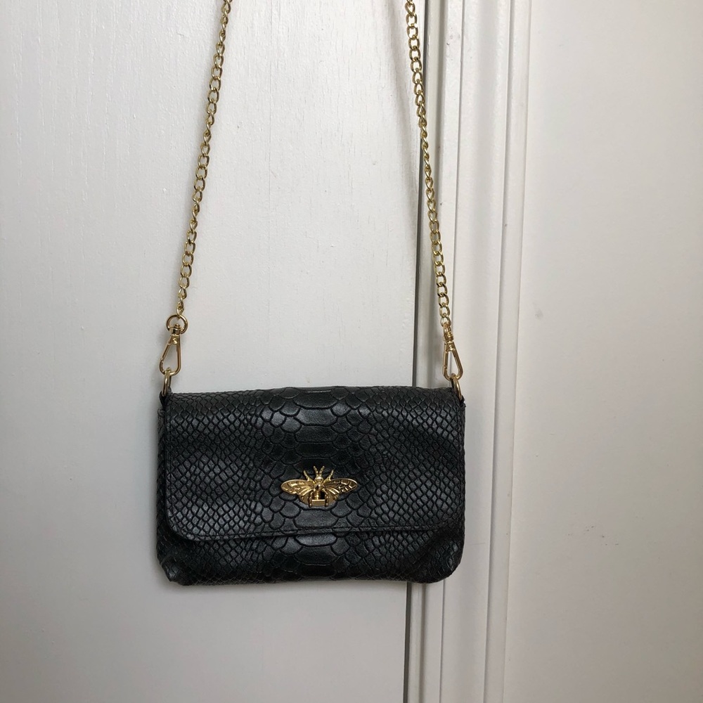 Black Croc Leather Handbag Gold Bee Clasp + Chain